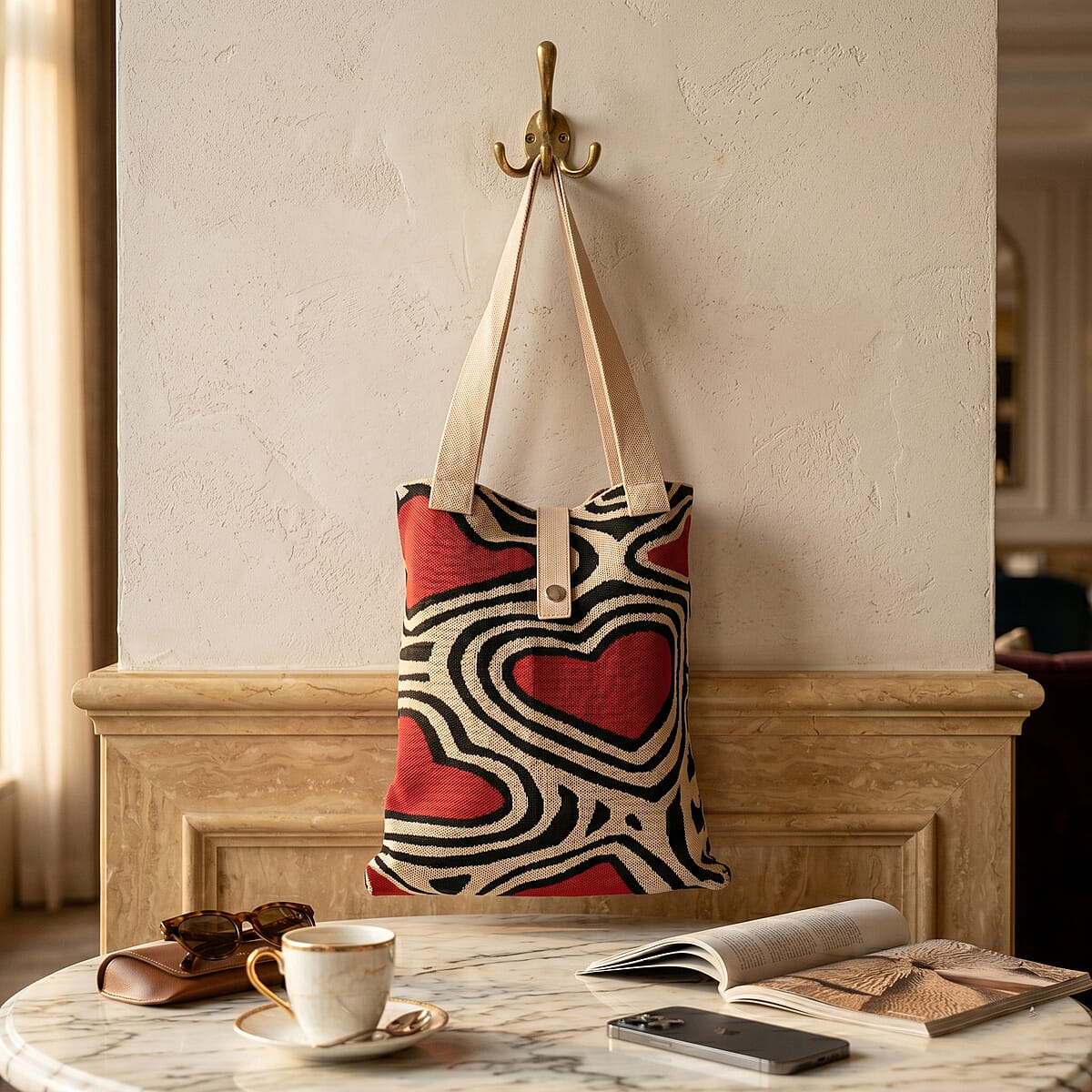 White and Red Heart Print Polyester Tote Bag image number 1