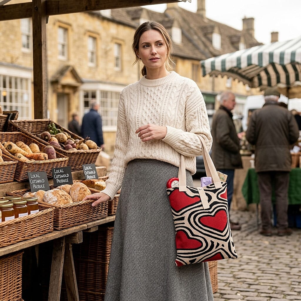 White and Red Heart Print Polyester Tote Bag
