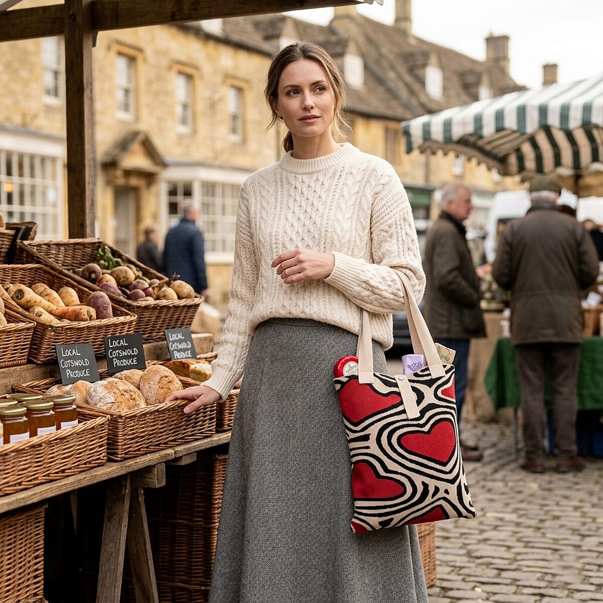 White and Red Heart Print Polyester Tote Bag image number 2