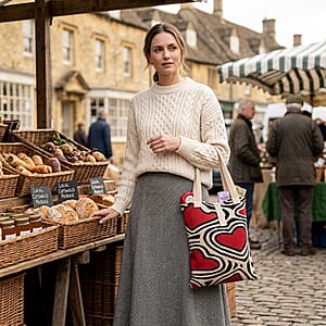 White and Red Heart Print Polyester Tote Bag