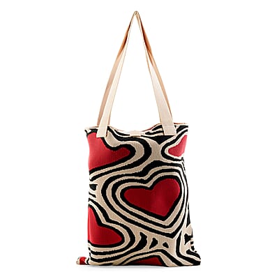 White and Red Heart Print Polyester Tote Bag