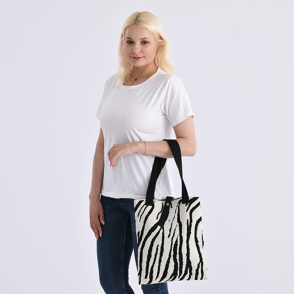 White and Zebra Stripe Print Polyester Tote Bag image number 1