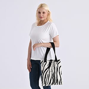 White and Zebra Stripe Print Polyester Tote Bag