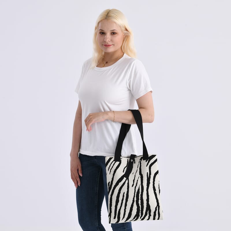 White and Zebra Stripe Print Polyester Tote Bag