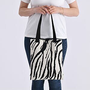 White and Zebra Stripe Print Polyester Tote Bag