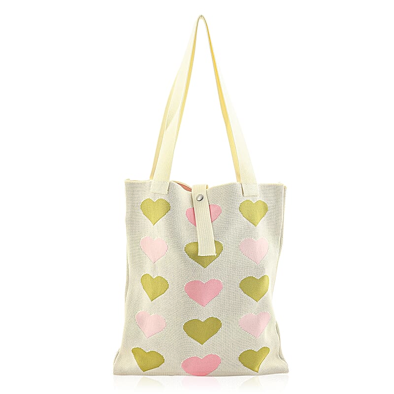 White and Heart Print Polyester Tote Bag