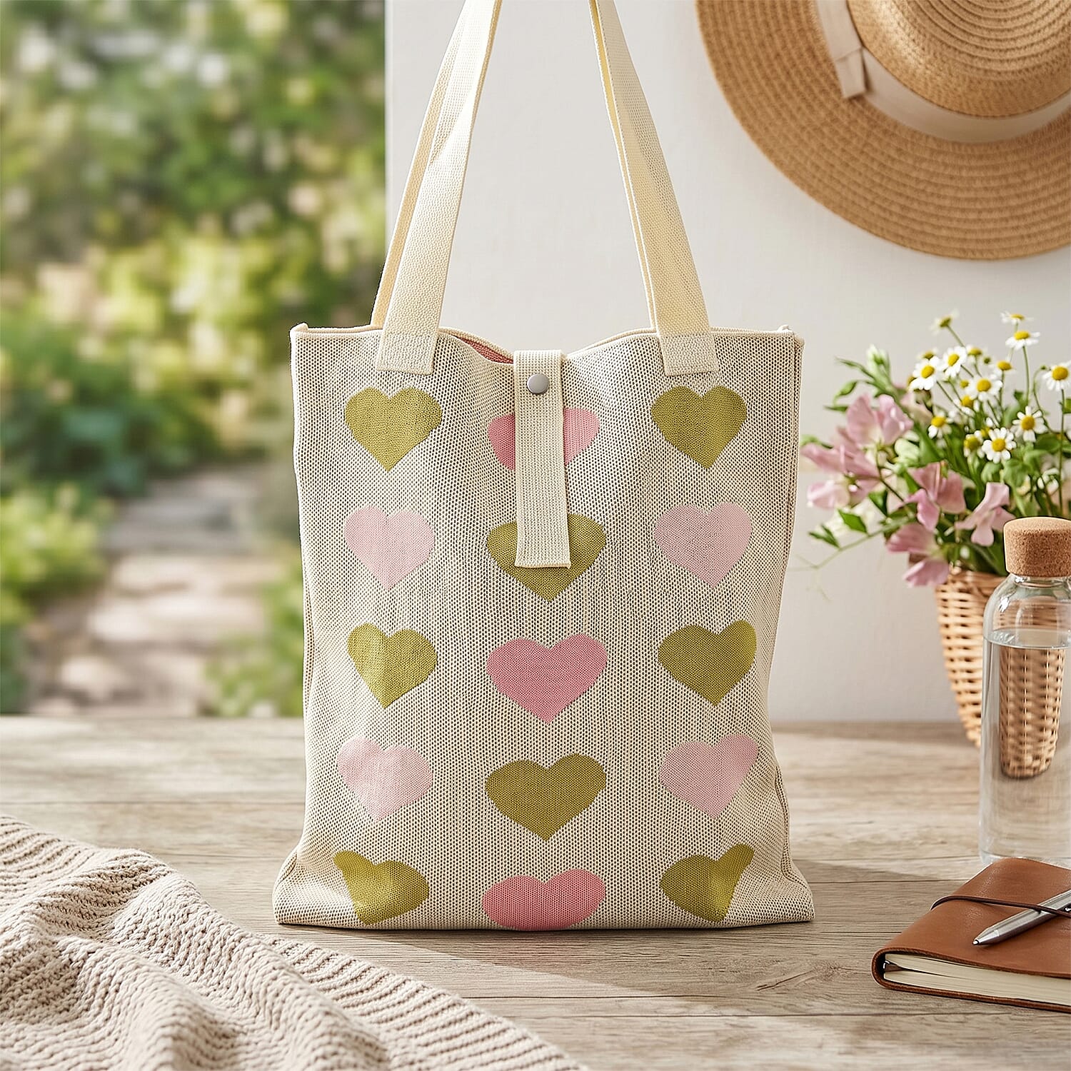 White and Heart Print Polyester Tote Bag