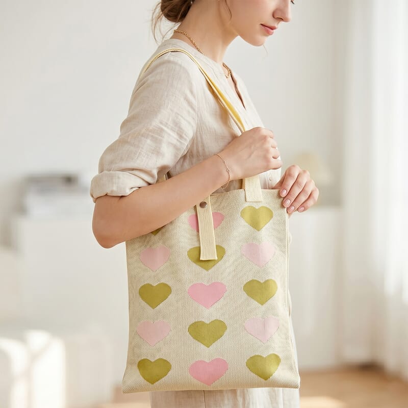 White and Heart Print Polyester Tote Bag