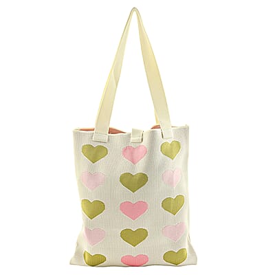 White and Heart Print Polyester Tote Bag