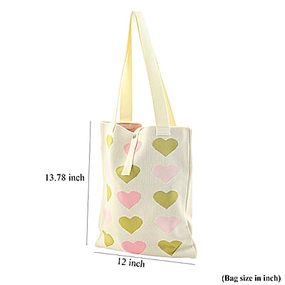 White and Heart Print Polyester Tote Bag