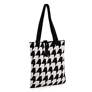 White and Houndstooth Stripe Print Polyester Tote Bag
