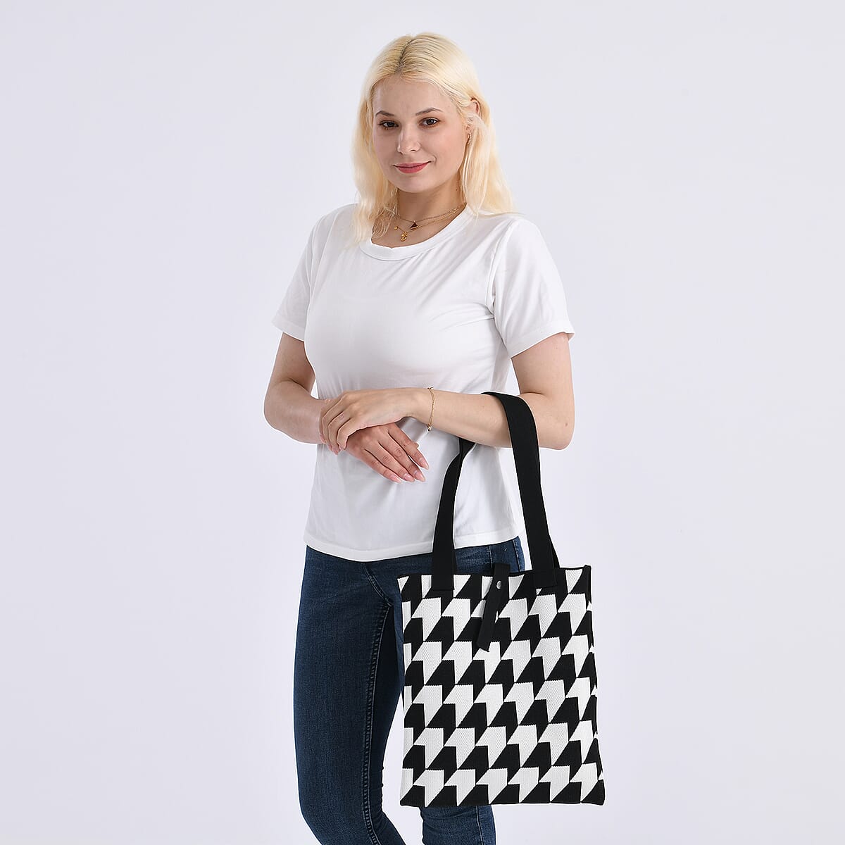 White and Houndstooth Stripe Print Polyester Tote Bag image number 1