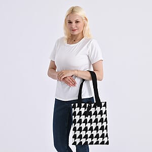 White and Houndstooth Stripe Print Polyester Tote Bag
