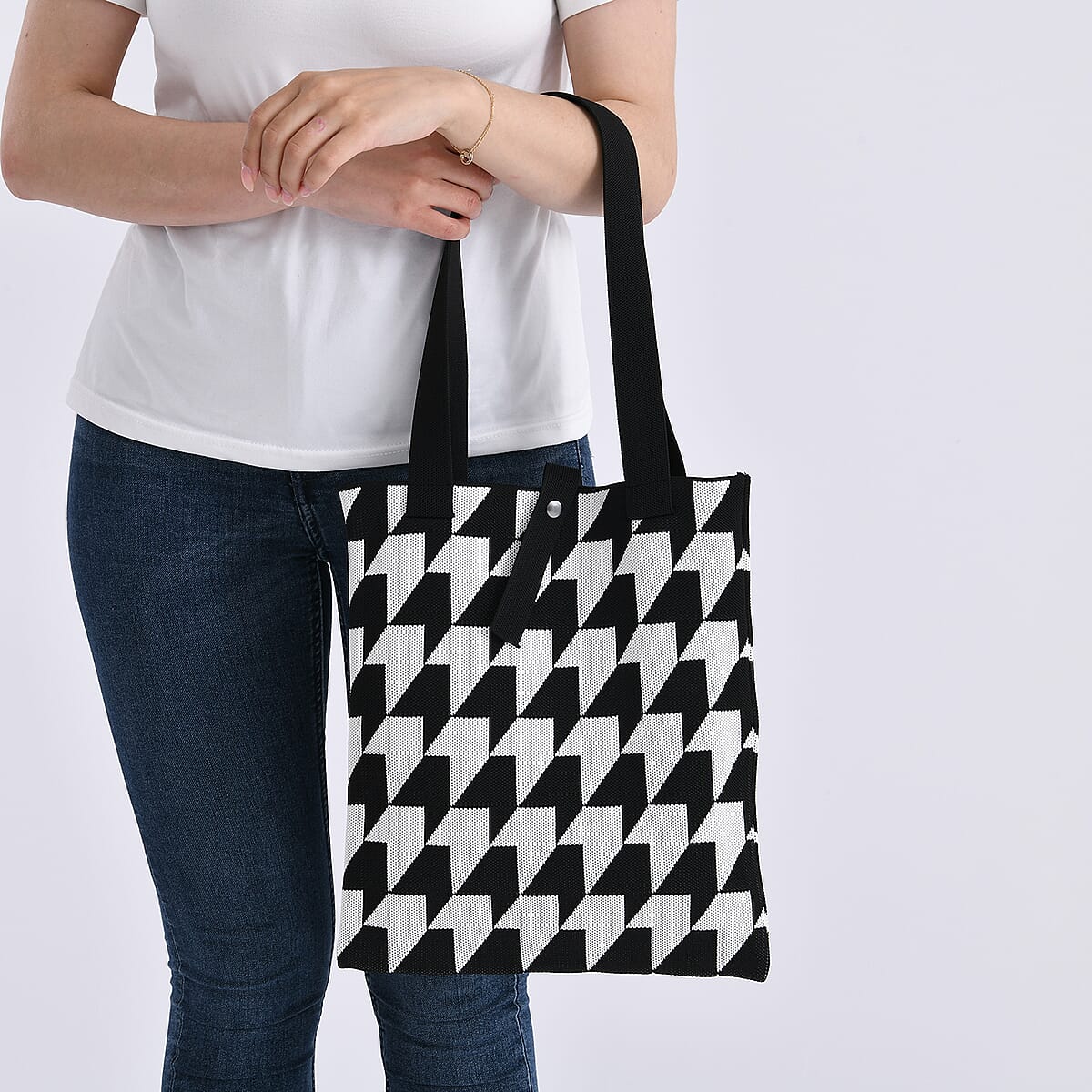 White and Houndstooth Stripe Print Polyester Tote Bag image number 2