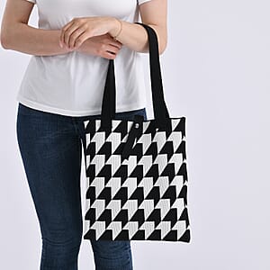 White and Houndstooth Stripe Print Polyester Tote Bag