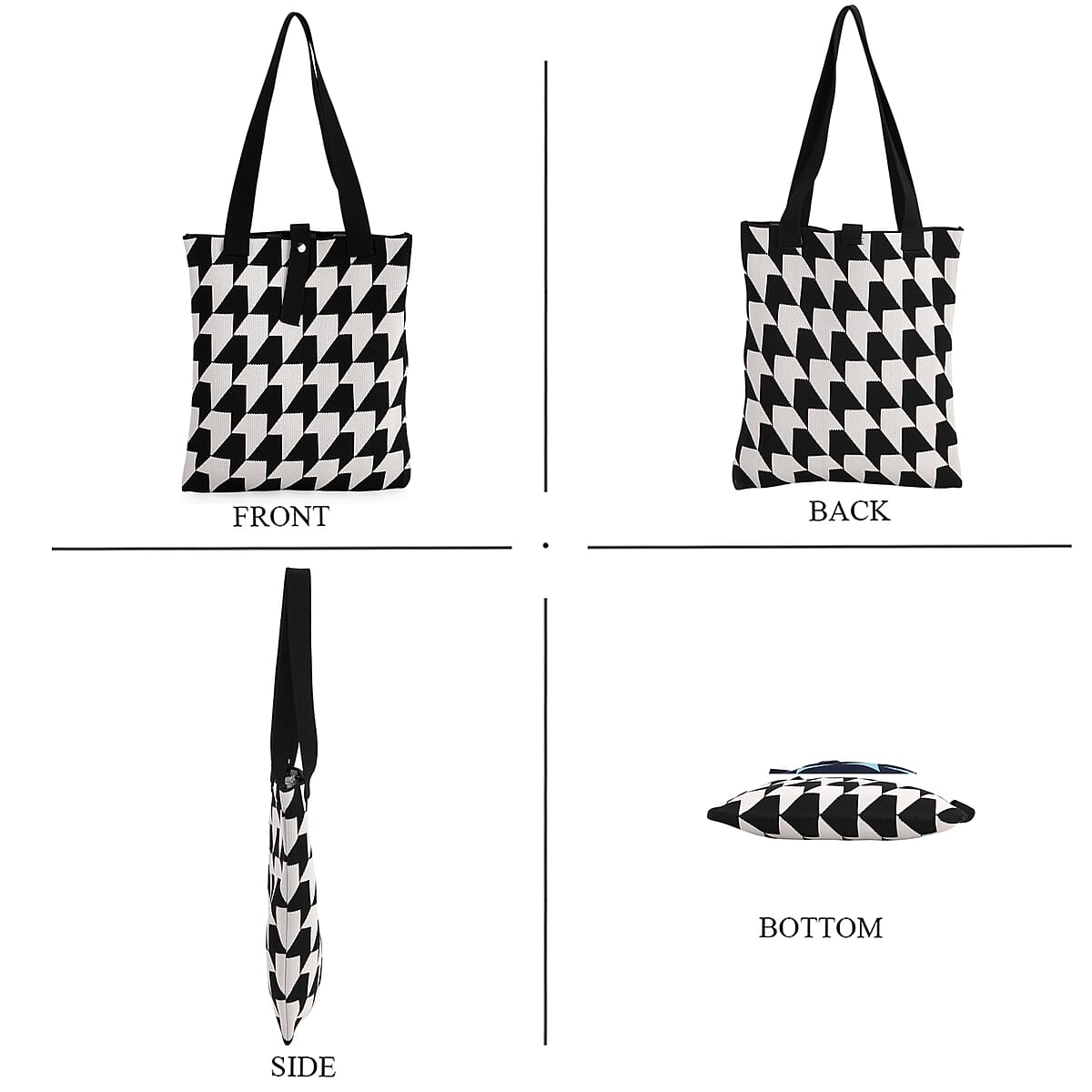 White and Houndstooth Stripe Print Polyester Tote Bag image number 3