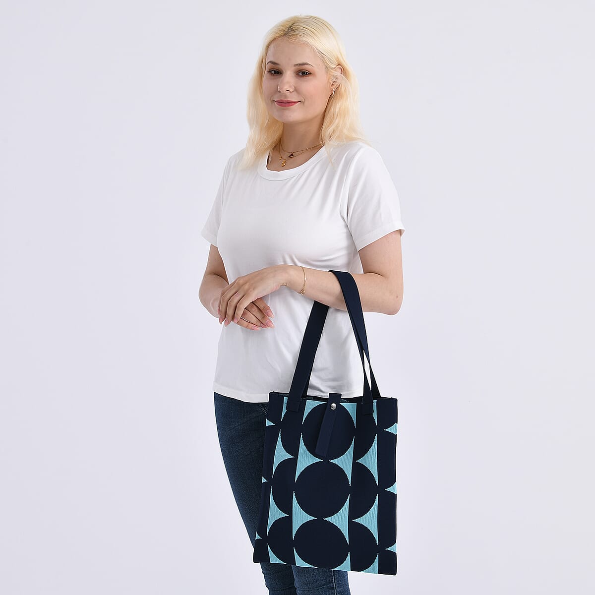Blue and Navy Circle Print Polyester Tote Bag image number 1