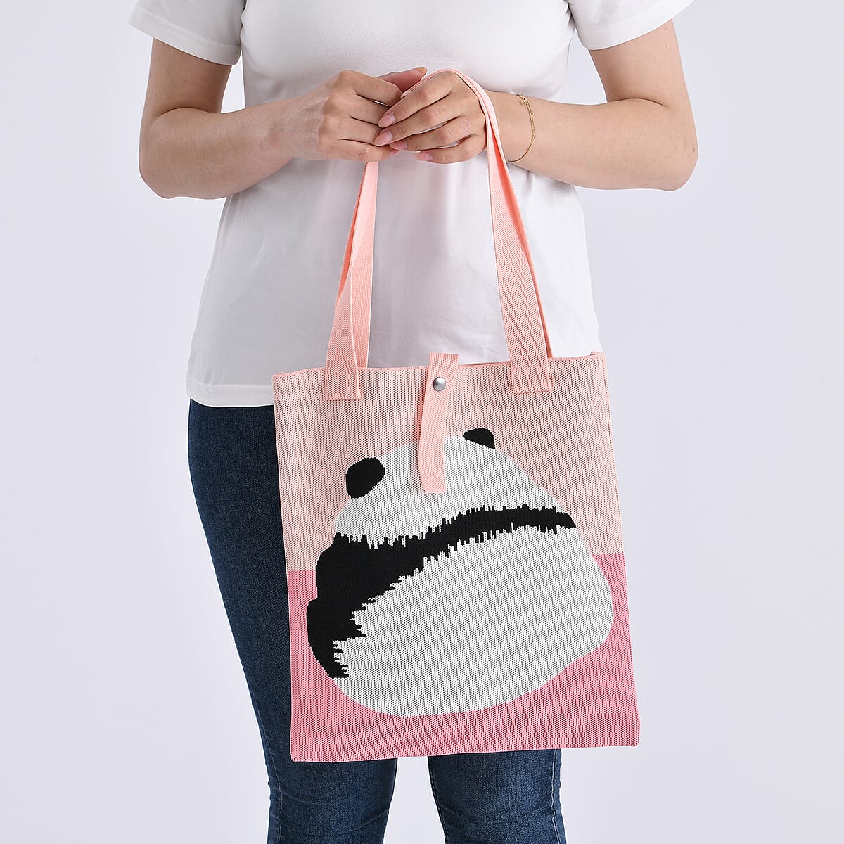 Pink and Panda Print Polyester Tote Bag image number 2