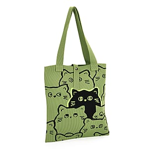 Green and Cat Print Polyester Tote Bag