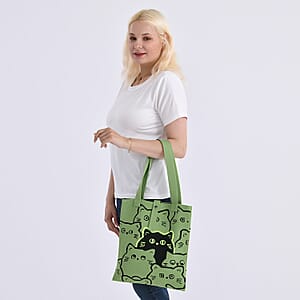 Green and Cat Print Polyester Tote Bag