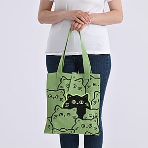 Green and Cat Print Polyester Tote Bag