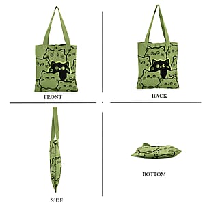 Green and Cat Print Polyester Tote Bag