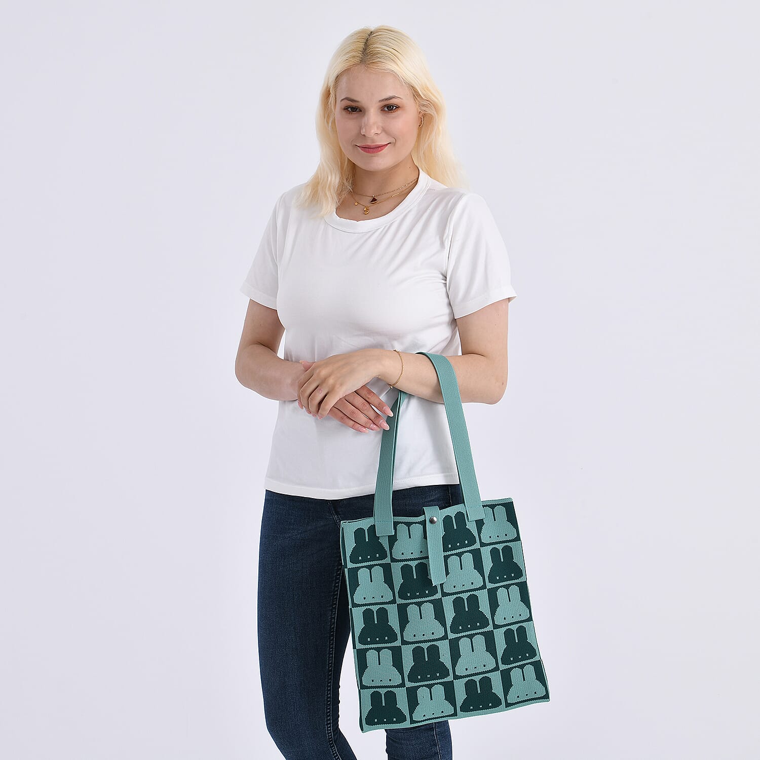 Green and Rabbit Print Polyester Tote Bag