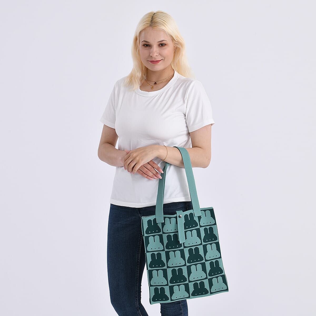 Green and Rabbit Print Polyester Tote Bag image number 1