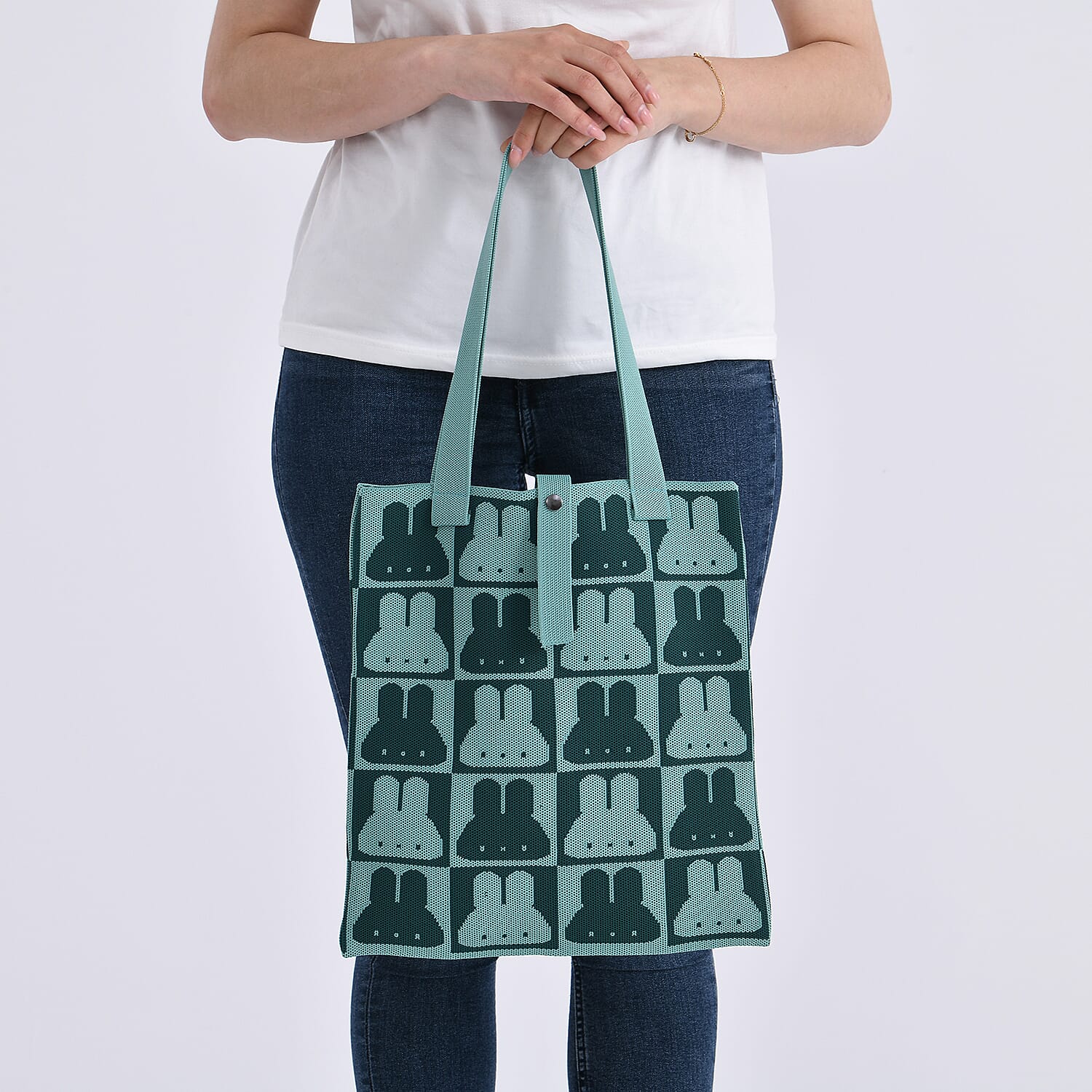 Green and Rabbit Print Polyester Tote Bag