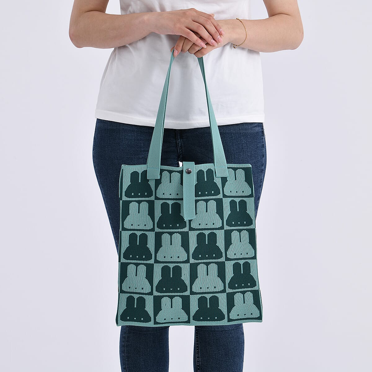 Green and Rabbit Print Polyester Tote Bag image number 2