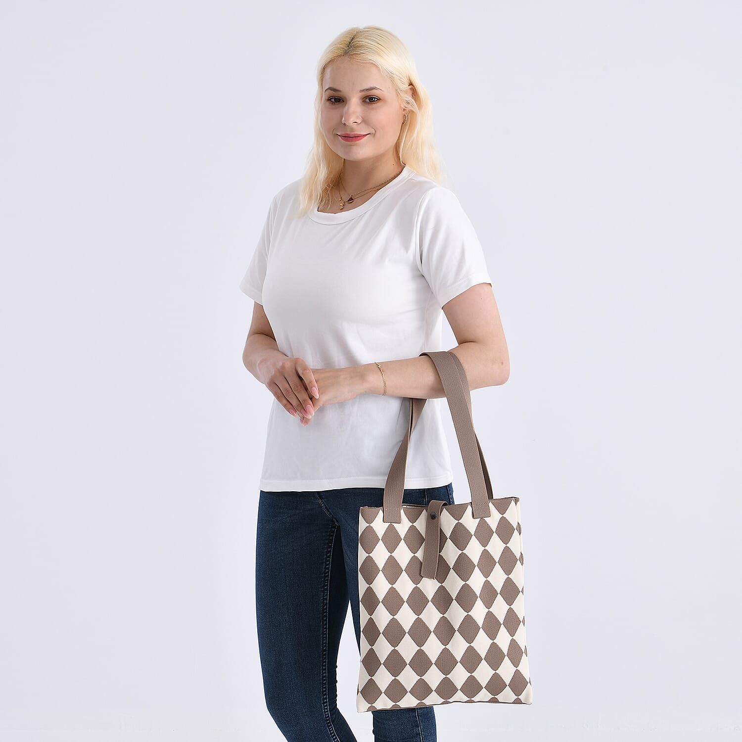 Khaki and Diamond Print Polyester Tote Bag