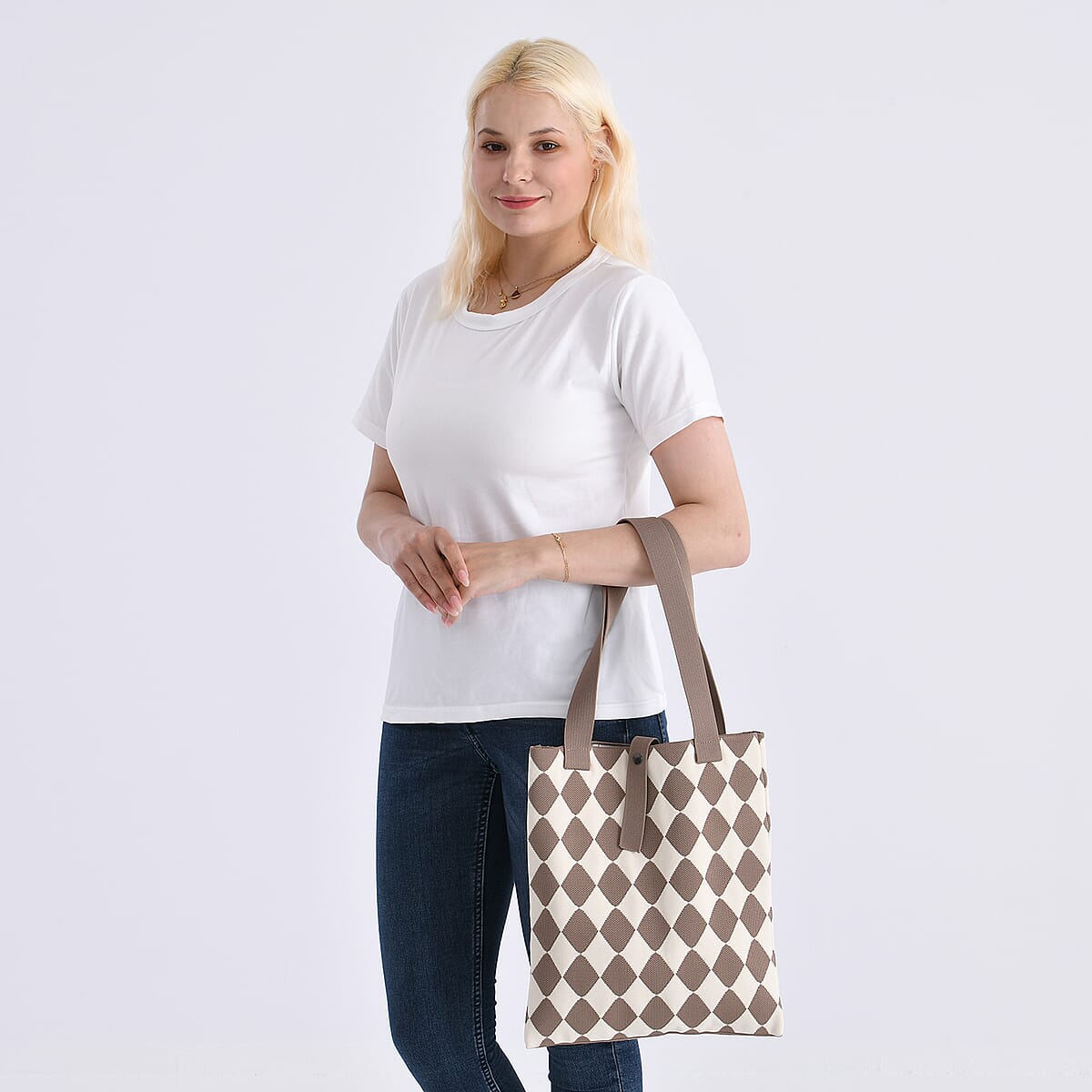 Khaki and Diamond Print Polyester Tote Bag image number 1