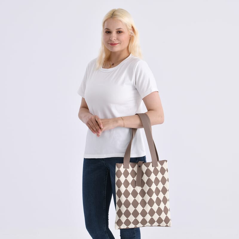 Khaki and Diamond Print Polyester Tote Bag