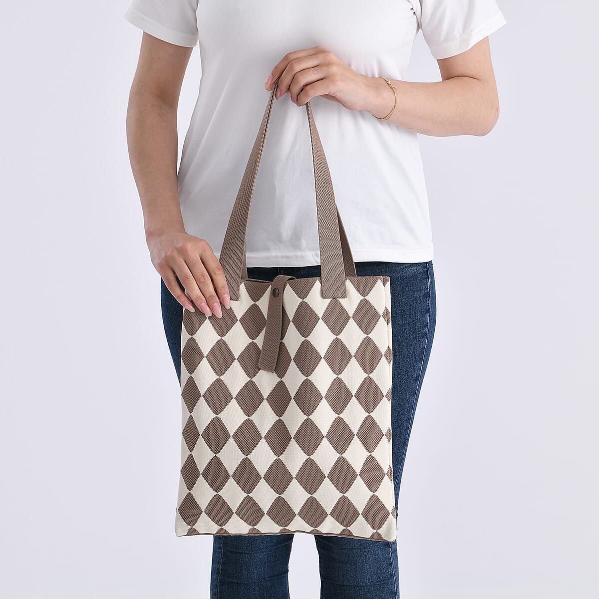 Khaki and Diamond Print Polyester Tote Bag image number 2