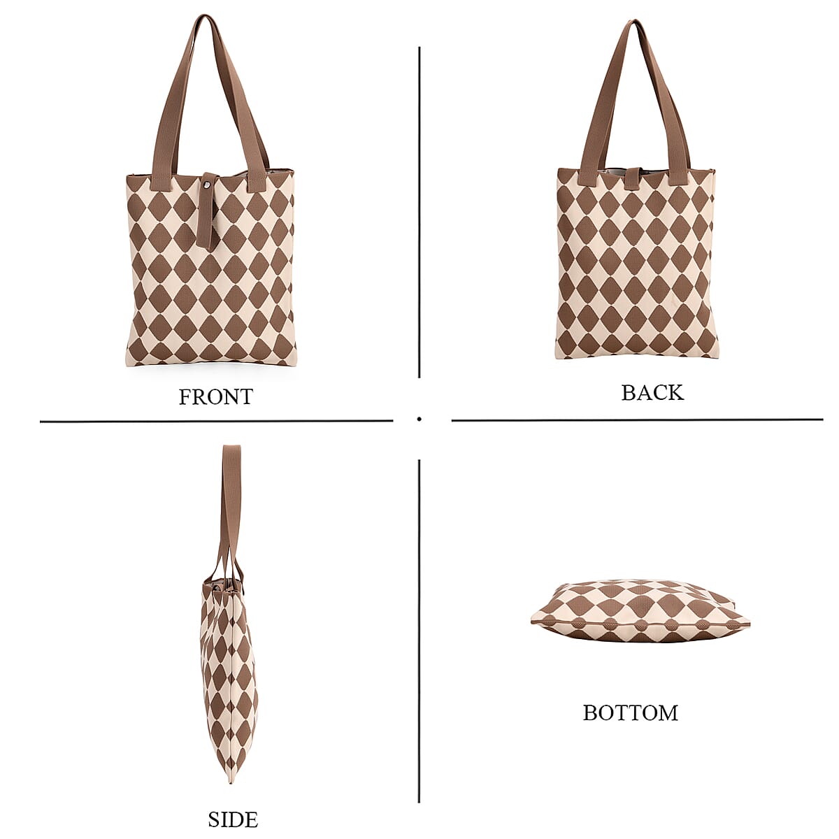 Khaki and Diamond Print Polyester Tote Bag image number 3