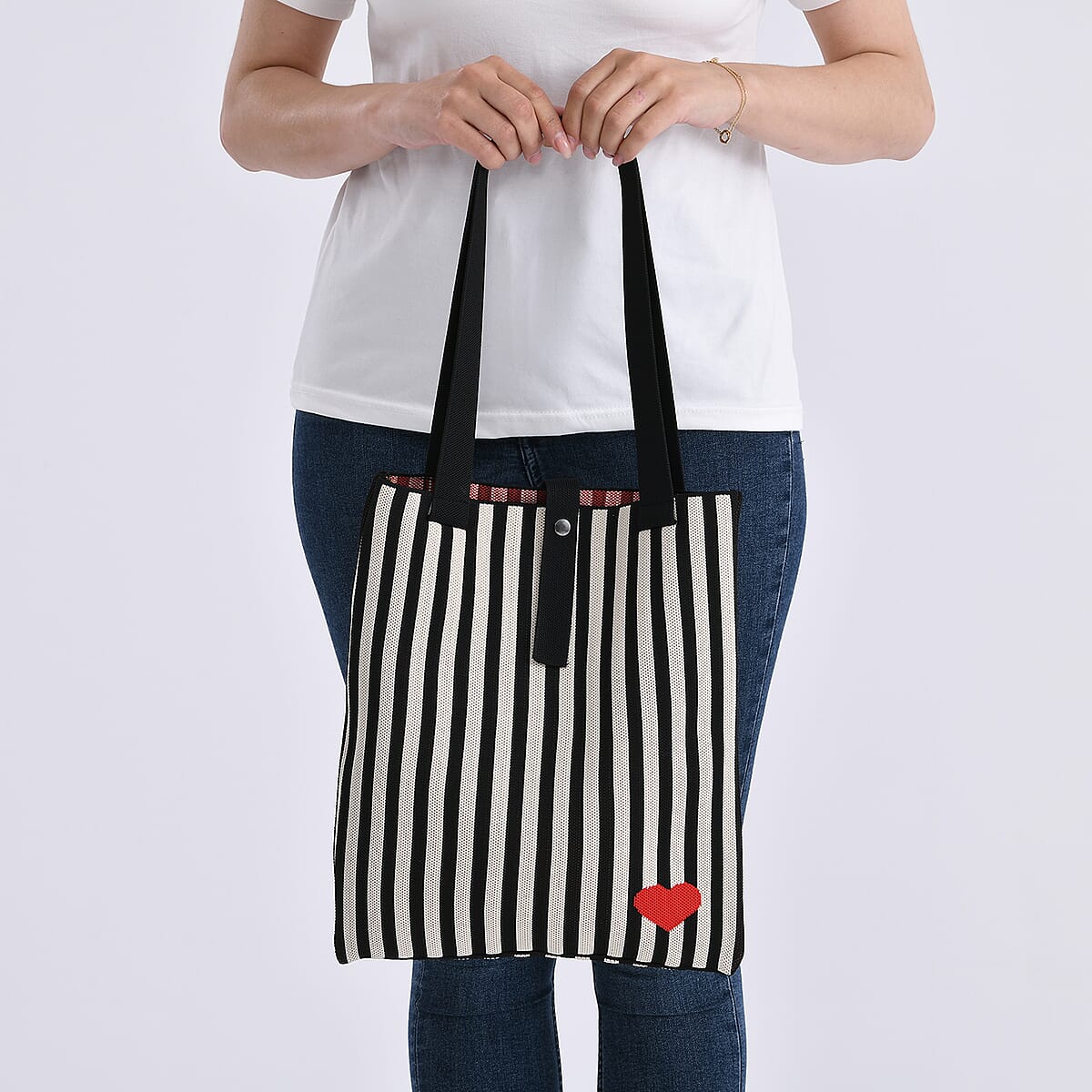 Black and White Stripe Print Polyester Tote Bag image number 2