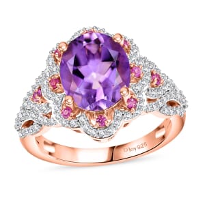 AAA Rose De France Amethyst and Multi Gemstone 4.40 ctw Vintage Elegance Ring in 18K Vermeil Rose Gold Over Sterling Silver (Size 6.0)