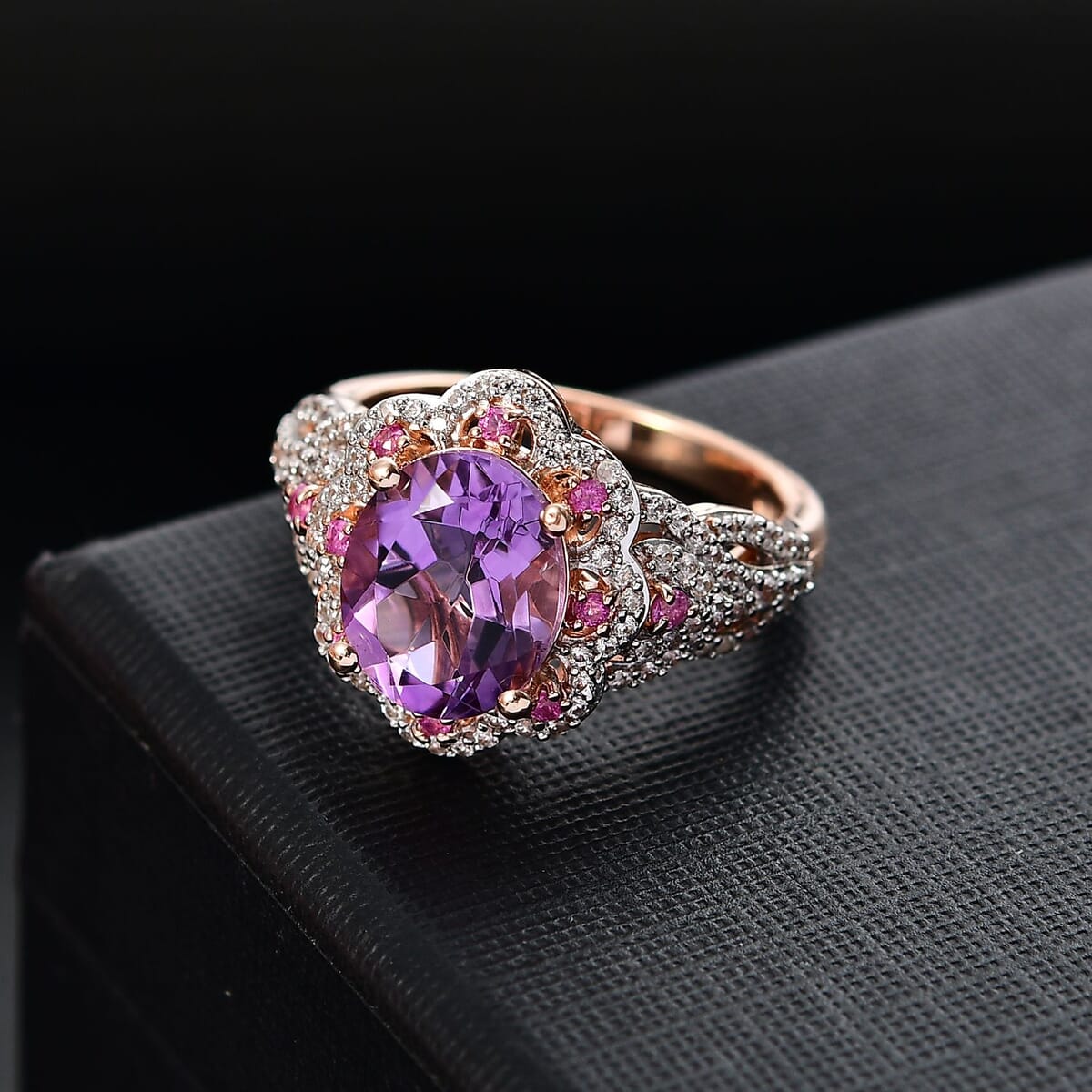 AAA Rose De France Amethyst and Multi Gemstone 4.40 ctw Vintage Elegance Ring in 18K Vermeil Rose Gold Over Sterling Silver (Size 6.0) image number 1