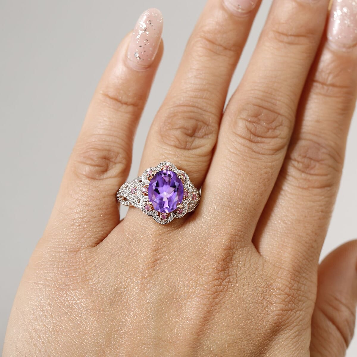 AAA Rose De France Amethyst and Multi Gemstone 4.40 ctw Vintage Elegance Ring in 18K Vermeil Rose Gold Over Sterling Silver (Size 6.0) image number 2