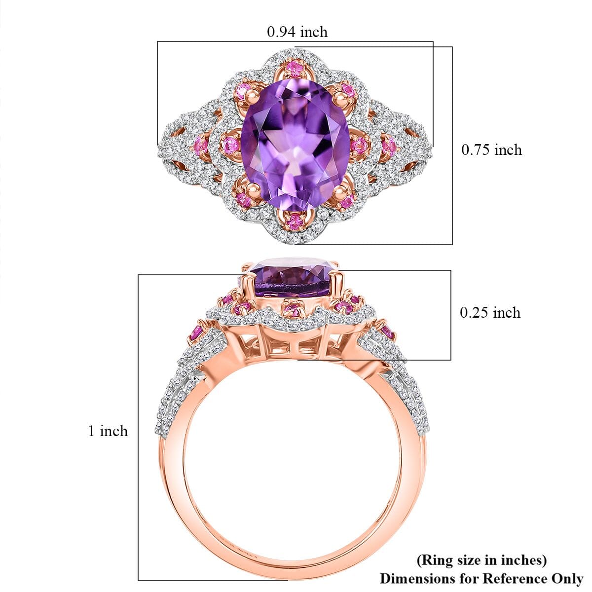 AAA Rose De France Amethyst and Multi Gemstone 4.40 ctw Vintage Elegance Ring in 18K Vermeil Rose Gold Over Sterling Silver (Size 6.0) image number 5