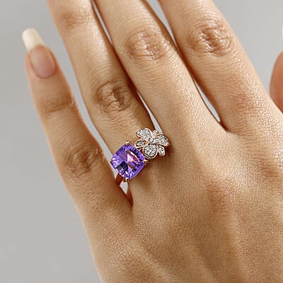 D'Joy AAA Rose De France Amethyst and White Zircon 3.35 ctw Julia Flower Ring in 18K Vermeil Rose Gold Over Sterling Silver (Size 10.0)