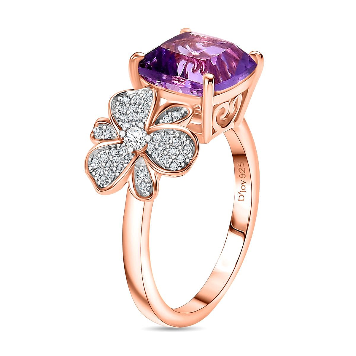 AAA Rose De France Amethyst and White Zircon 3.35 ctw Julia Flower Ring in 18K Vermeil Rose Gold Over Sterling Silver (Size 10.0) image number 3