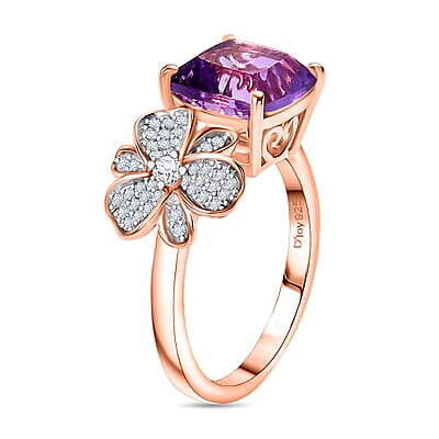 D'Joy AAA Rose De France Amethyst and White Zircon 3.35 ctw Julia Flower Ring in 18K Vermeil Rose Gold Over Sterling Silver (Size 10.0)