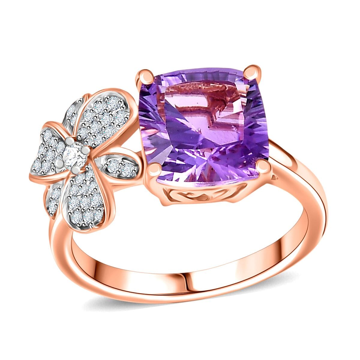 AAA Rose De France Amethyst and White Zircon 3.35 ctw Julia Flower Ring in 18K Vermeil Rose Gold Over Sterling Silver (Size 8.0) image number 0