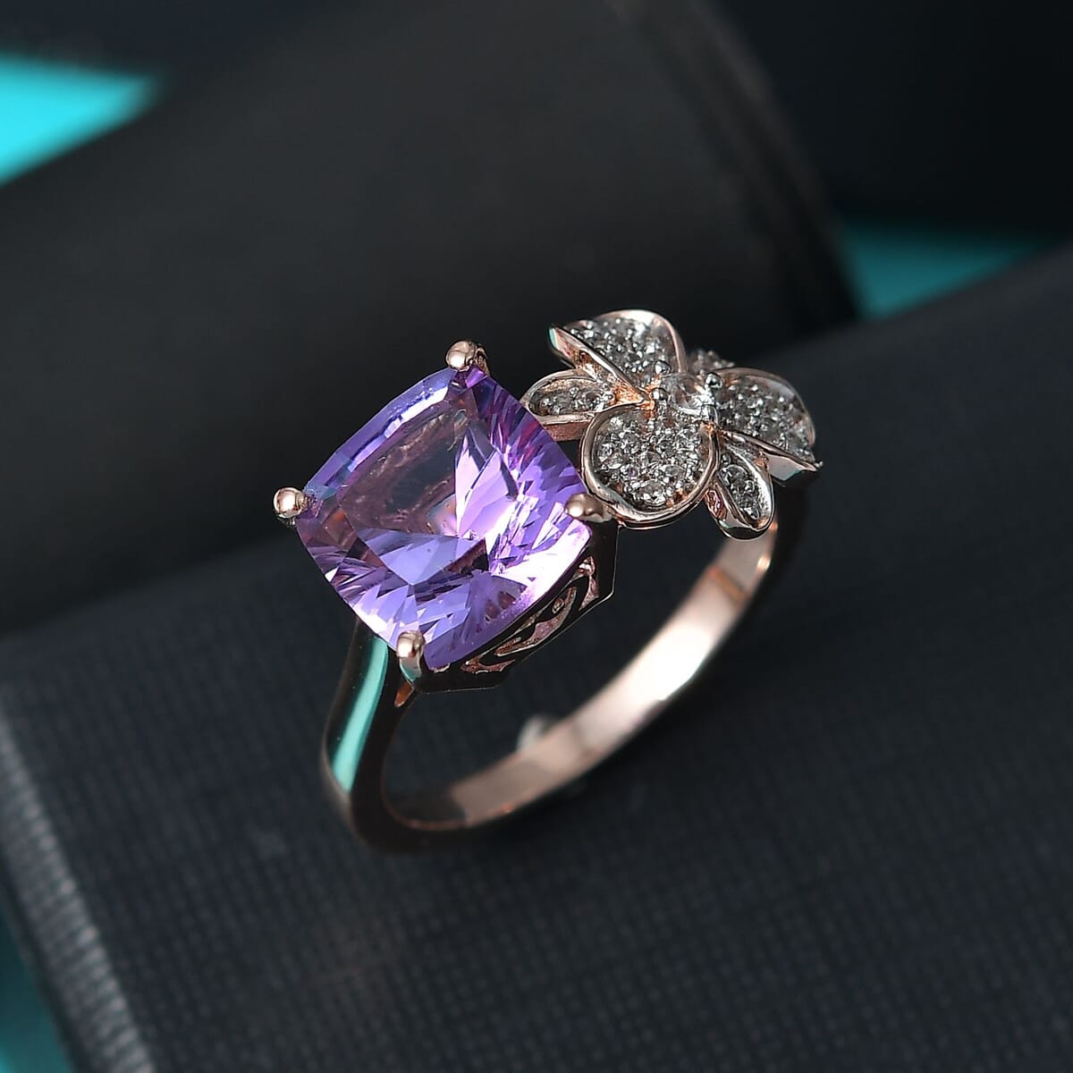AAA Rose De France Amethyst and White Zircon 3.35 ctw Julia Flower Ring in 18K Vermeil Rose Gold Over Sterling Silver (Size 8.0) image number 1