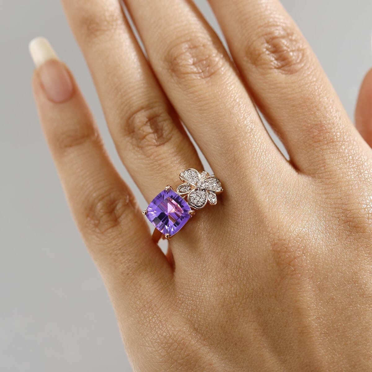 AAA Rose De France Amethyst and White Zircon 3.35 ctw Julia Flower Ring in 18K Vermeil Rose Gold Over Sterling Silver (Size 8.0) image number 2