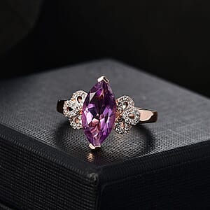 D'Joy AAA Rose De France Amethyst and White Zircon 2.90 ctw Tulip Grace Ring in 18K Vermeil Rose Gold Over Sterling Silver (Size 7.0)