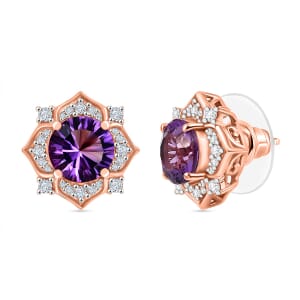 Concave Cut AAA Rose De France Amethyst and White Zircon 4.00 ctw Flower Earrings in 18K Vermeil Rose Gold Over Sterling Silver