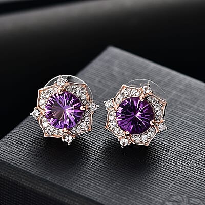 D'Joy Concave Cut AAA Rose De France Amethyst and White Zircon 4.00 ctw Flower Earrings in 18K Vermeil Rose Gold Over Sterling Silver