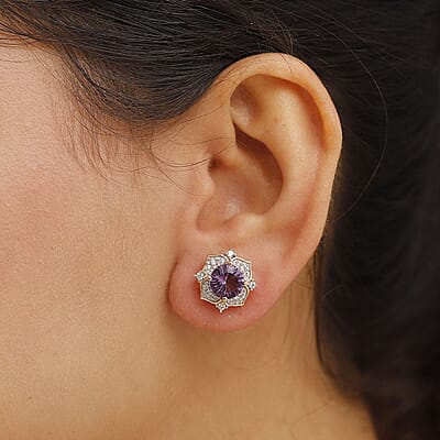 D'Joy Concave Cut AAA Rose De France Amethyst and White Zircon 4.00 ctw Flower Earrings in 18K Vermeil Rose Gold Over Sterling Silver